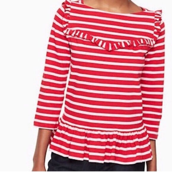- Pink and Red Stripe Ruffle Kate Spade Knit Top, XS - Picture 3 of 6